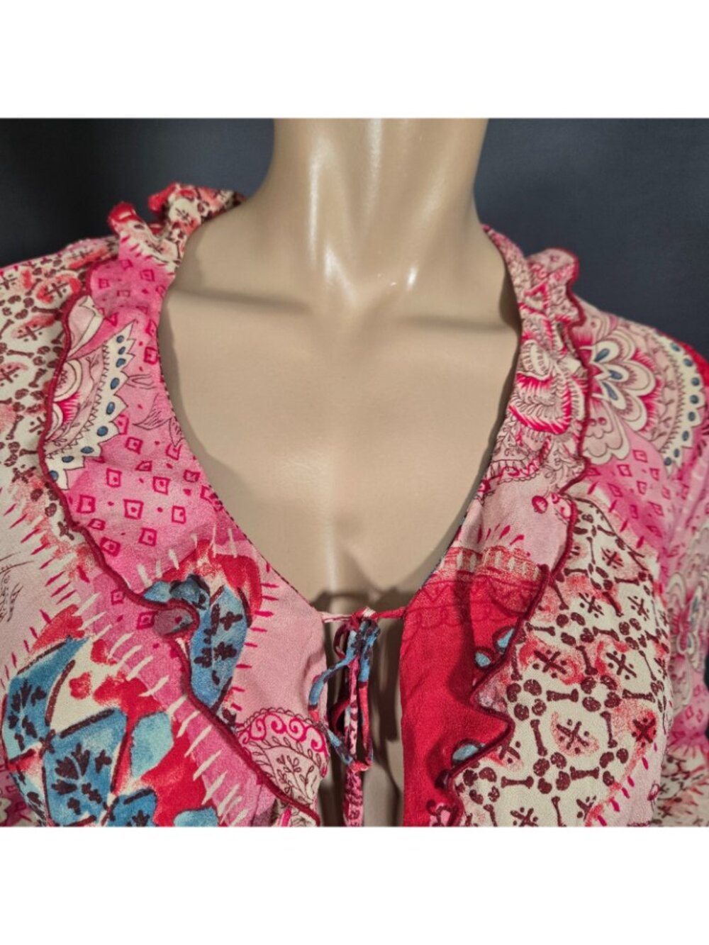 Y2K Next Tie Front Chiffon Top Pink Blue Ruffled Size S Euro Summer Boho Fairy - Picture 3 of 15